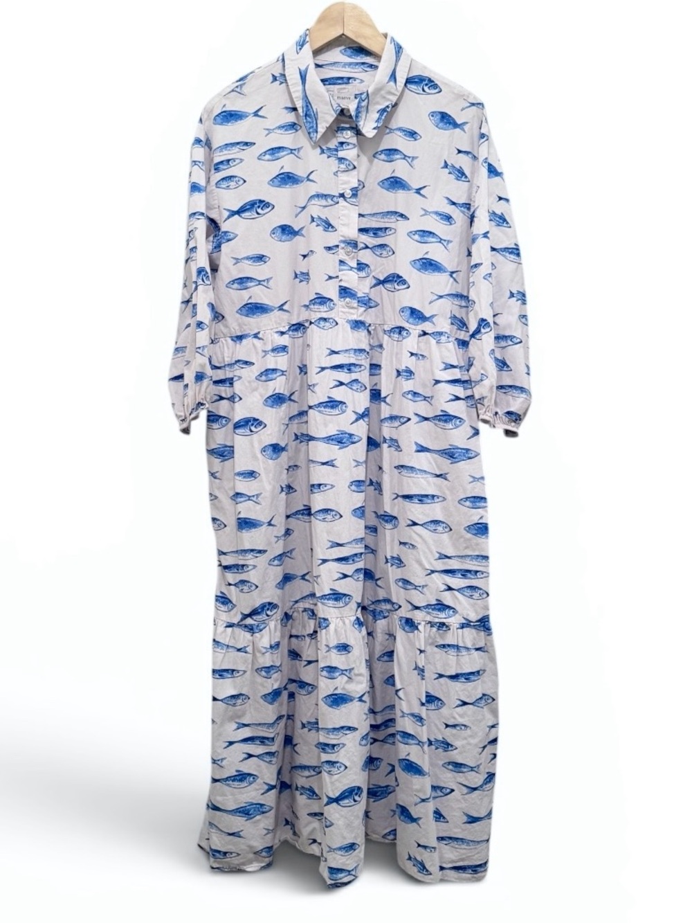 Anthropologie Maeve The Bettina Tiered Shirt Dress Fish print Size L - Picture 2 of 14